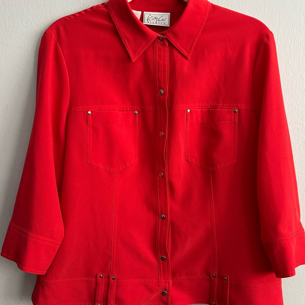 Cathy Che Stretch Red Button-Up Top (Size 12)